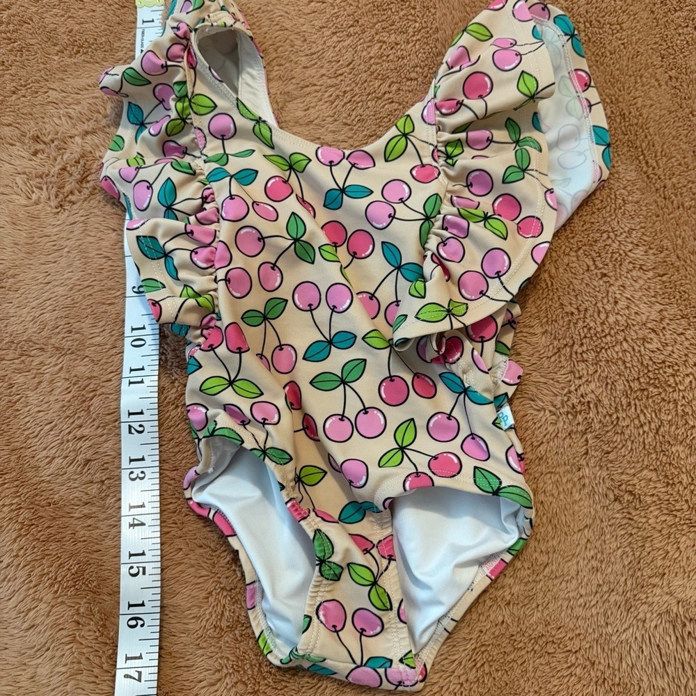 Posh Peanut Girls Pink Cherry Ruffle One Piece Swimsuit Tan Size 12-18M